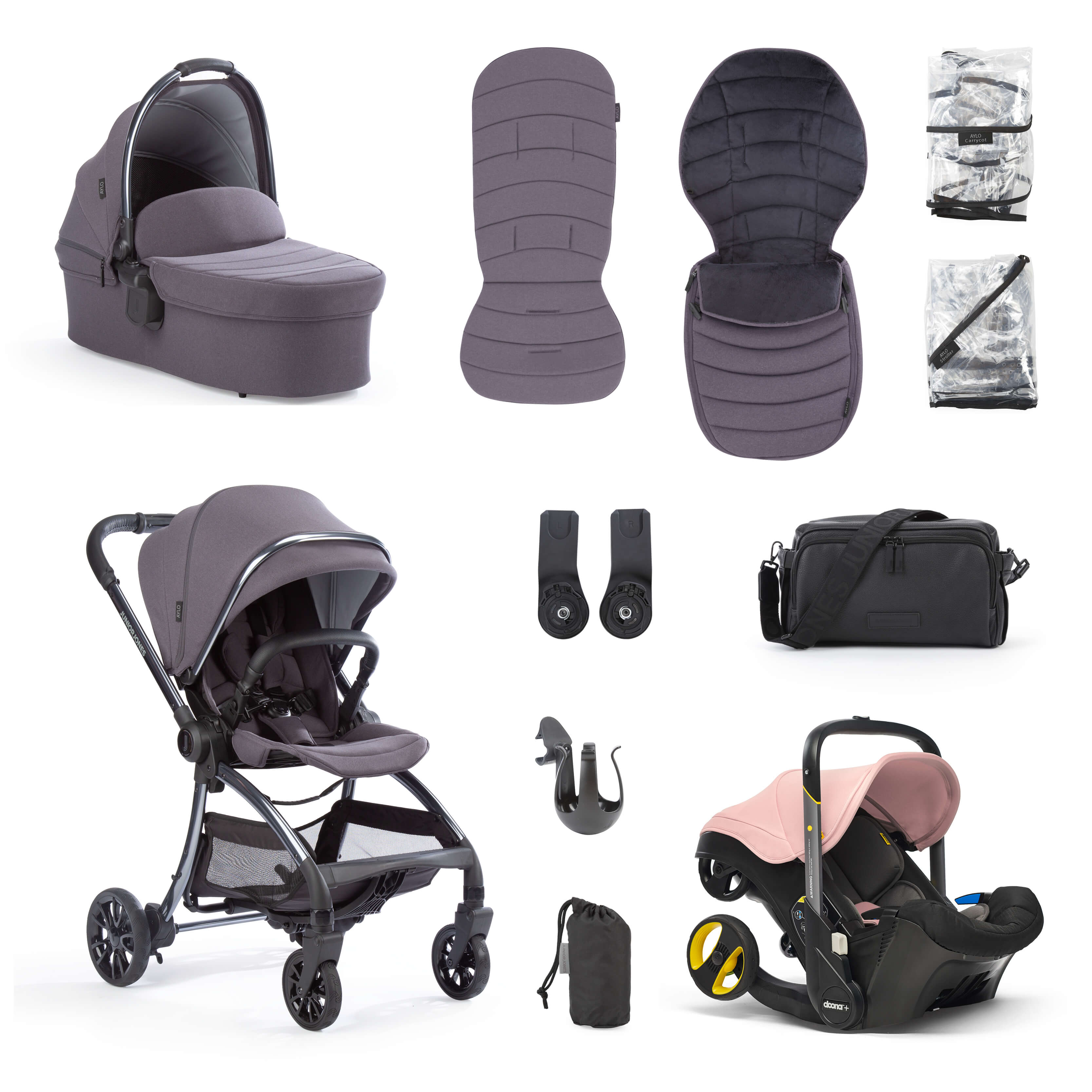 Aylo Dark Slate 11pc Travel System inc Doona Blush Pink Car Seat