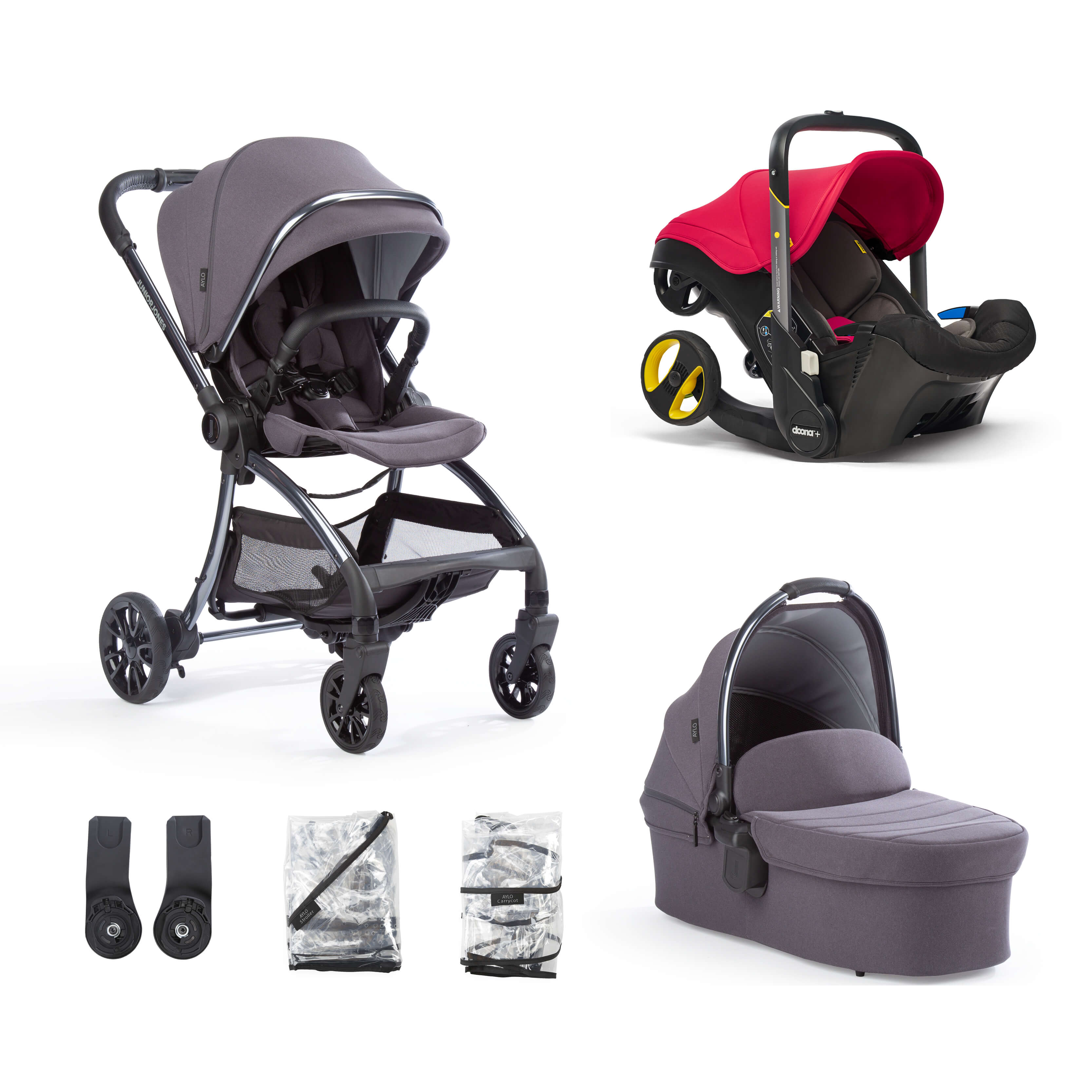 Aylo Dark Slate 6pc Travel System inc Doona Flame Red Car Seat Junior Jones