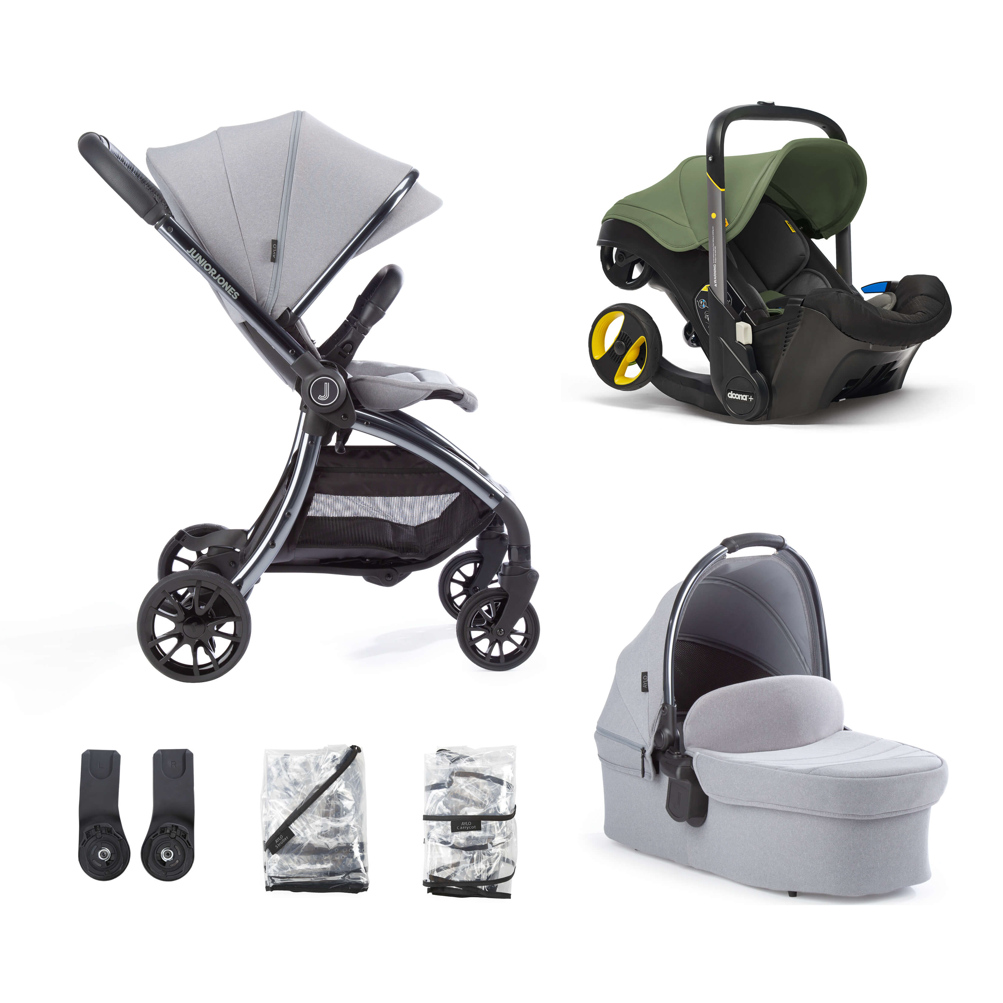 doona stroller grey Aylo Pebble Grey 6pc Travel System inc Doona Desert Green Car Seat – Junior Jones
