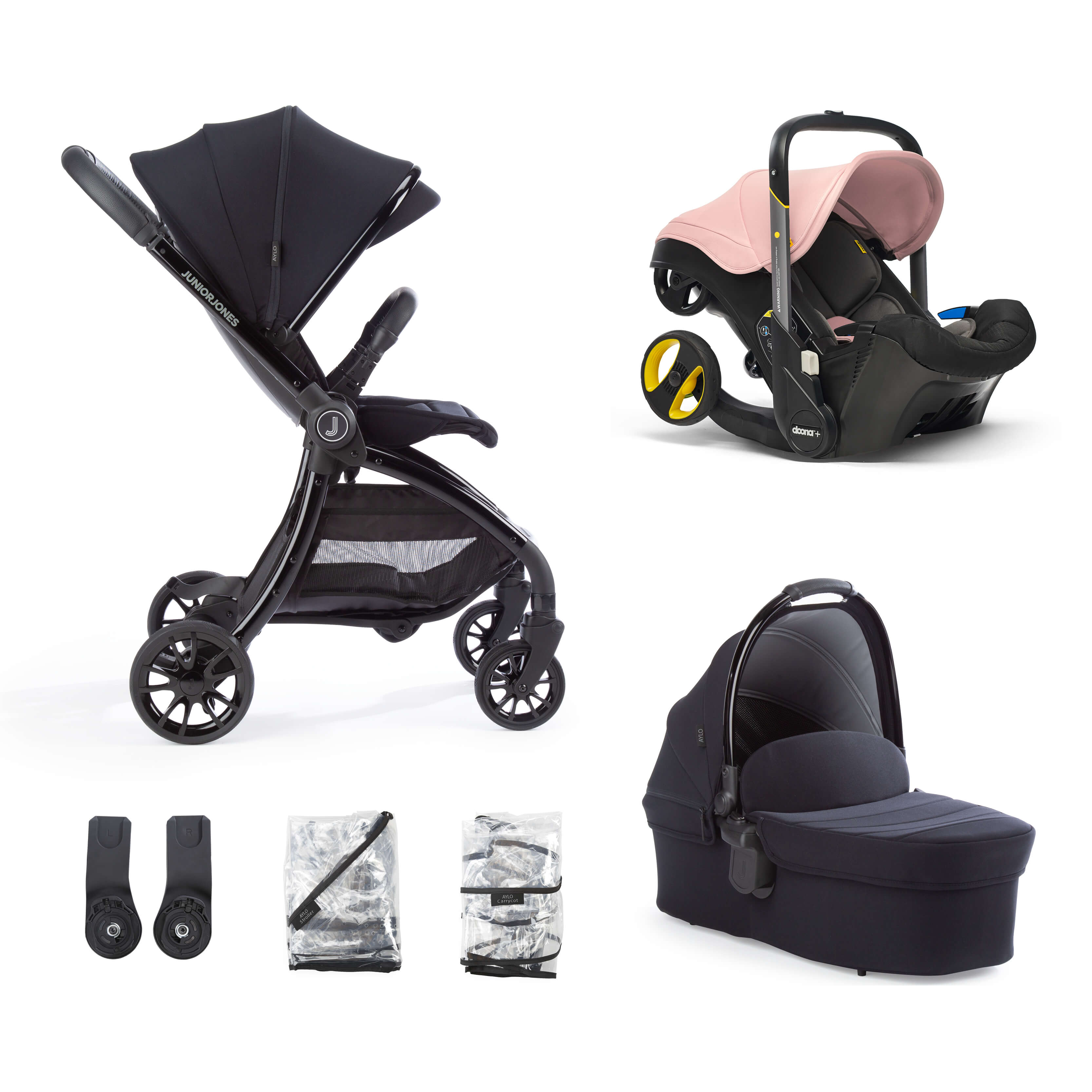 blush pink doona stroller Aylo Rich Black 6pc Travel System inc Doona Blush Pink Car Seat – Junior Jones